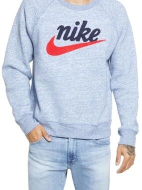 Nike Men’s HERITAGE CREWNECK SWEATSHIRT IN BLUE VOID/ HEATHER Vintage Look XL